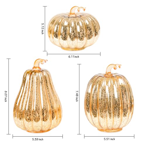 Gold Mercury Glass Pumpkin Lights Set - 3 LED Fall Halloween Porch Lanterns