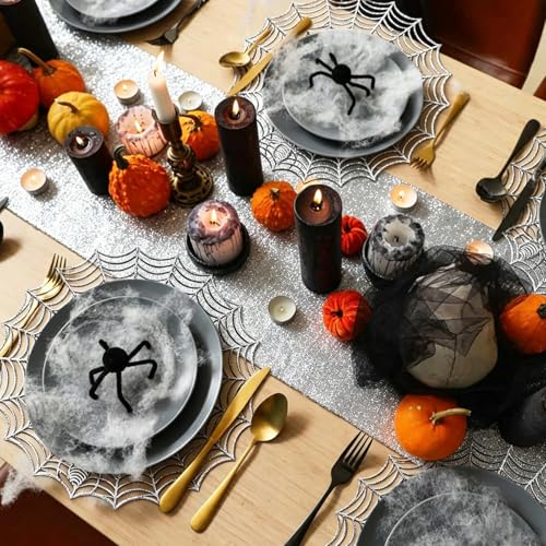 Halloween Spider Web Placemat Set of 2 - Silver Non-Slip Heat Insulation PVC Table Mats