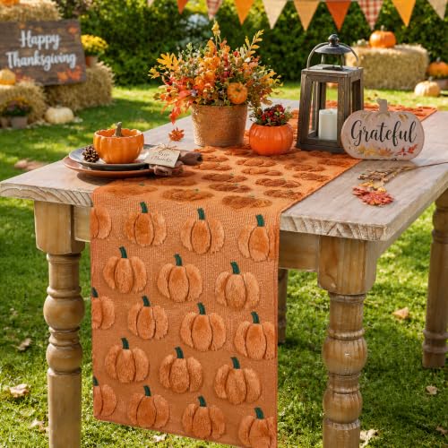 Caramel Pumpkin Faux Fur Halloween Table Runner 13x72 Inch - Fall Decor - Pumpkin Design