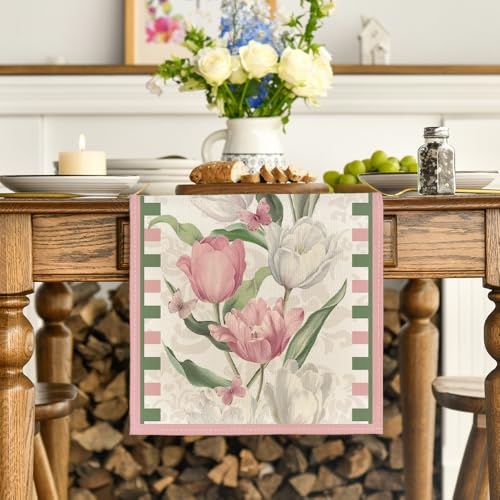 Pink Tulip Bloom Floral Table Runner 13x48 Inch Spring Summer Home Decor