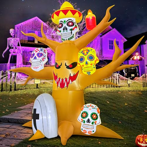 8FT Halloween Inflatable Tree Decoration with LED Skulls - Day of The Dead Yard Decor