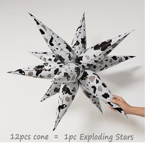 Black Silver Cow Print Explosion Star Balloons 5 Pack - 32 Inch DIY Foil Party Decorations