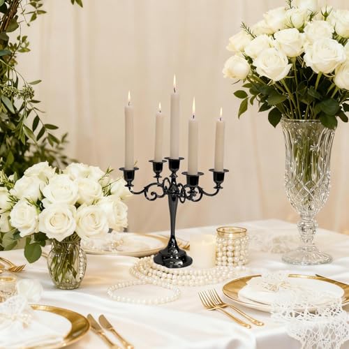 Black 5-Arm Metal Candelabra - 10.2 Inch Tall Candle Holders, Glossy Finish