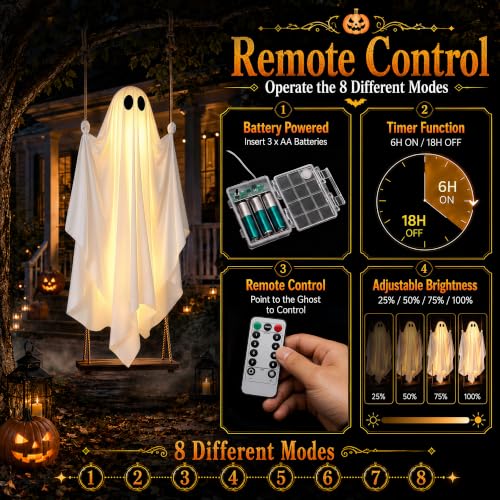 5FT Swinging Ghost Halloween Outdoor Decor with Remote LED Lights