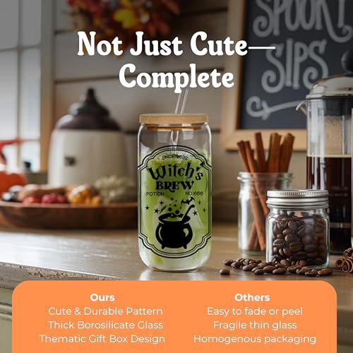 Clear Witch Halloween Glass Cup - 16oz Spooky Boo Coffee Mug with Lid & Straw