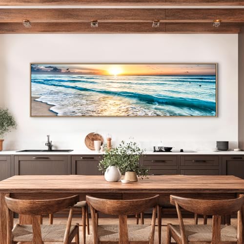 48-Inch Coastal Sunset Ocean Canvas Wall Art - Blue Seaside Landscape, Framed Home Decor