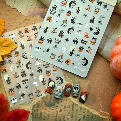 Halloween Ghost Spider Nail Stickers - Self-Adhesive Pumpkin & Black Cat Decals, Variation 2