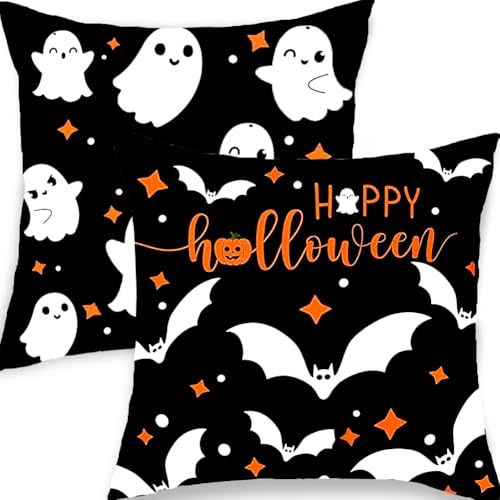Halloween Pillow Covers 18x18 Set of 2 - Black & White Ghost Decor, Double-Sided HD Print