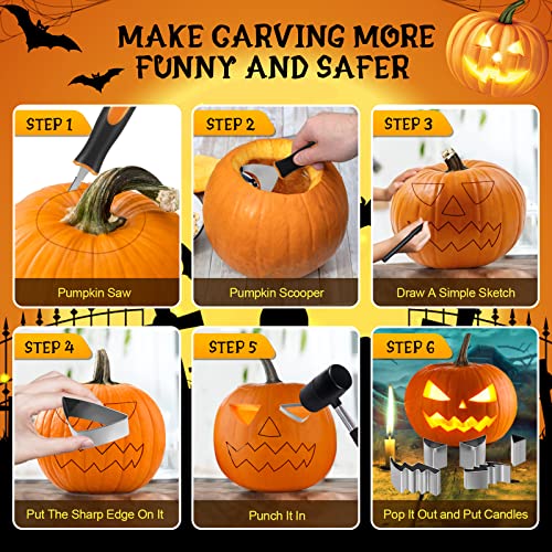 Halloween Pumpkin Carving Kit - Silver and Orange 21 pcs Safe & Easy Tools with Stencils for Jack-O-Lanterns