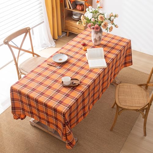 Round Fall Tablecloth 60 Inch Orange Red Plaid Thanksgiving Decor - AQOTHES