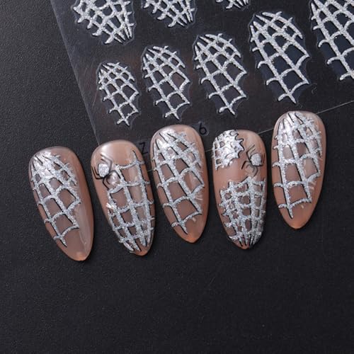 Halloween Nail Stickers Set - Spider Web Holographic Silver Glitter Self-Adhesive for Nails Q1