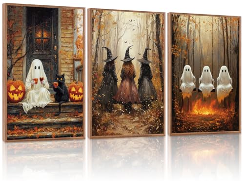 Halloween Framed Wall Art Set of 3 - Dark Witch Crow Raven Black Cat Pumpkin - 16x24 Inches