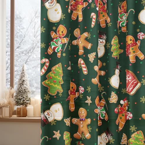 Green Sheer Xmas Curtains 52x96in Set of 2 - Gingerbread & Snowman Pattern