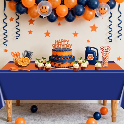 Orange and Navy Blue Waterproof Disposable Rectangle Tablecloths - 4 Piece Set, 86x51 Inches, Party Decorations