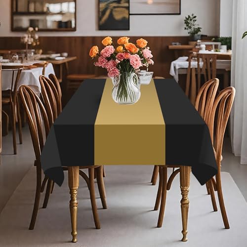 Black and Gold Disposable Plastic Tablecloths - Rectangle 54x108 Inches, Pack of 8