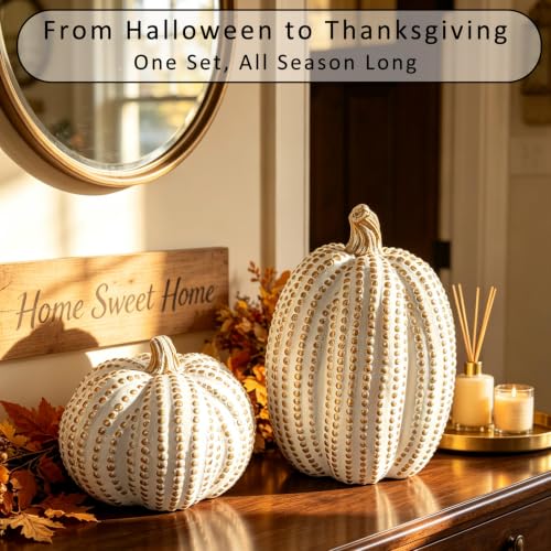 White Gold Pumpkins Decor Set - 2PCS Fall Resin Pumpkin Figurines with Dots & Bead Details - Gold Dots Variation