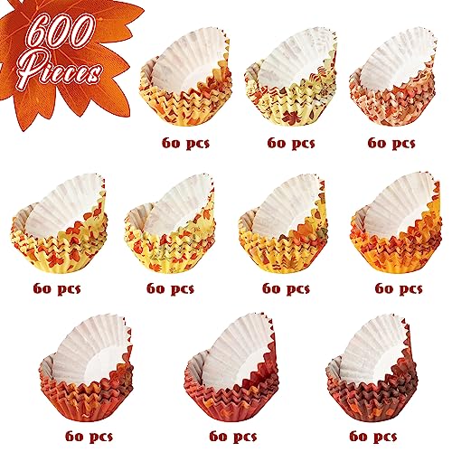 Fall Mini Cupcake Liners - 600 Pcs Autumn Pumpkin Maple Leaf Baking Cups - Thanksgiving Halloween Party Supplies