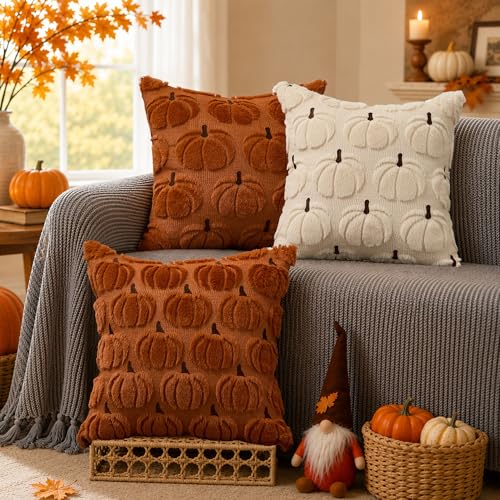 Fall Pumpkin Pillow Covers 18x18 Inches Rust Brown Set of 2 Autumn Decor