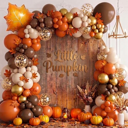 Fall Balloon Arch Kit with Maple Leaves - Orange & Brown Variations, Thanksgiving Party Decorations