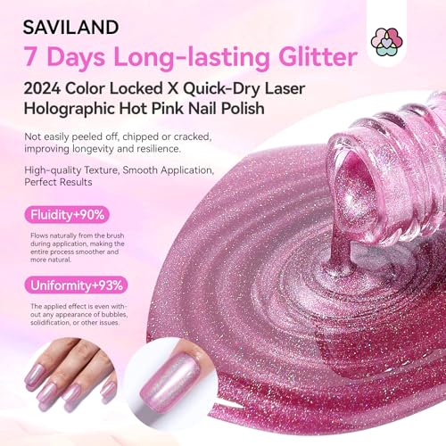 Pink Holographic Nail Polish - Metallic Finish, 10ml, Fast Drying - SAVILAND
