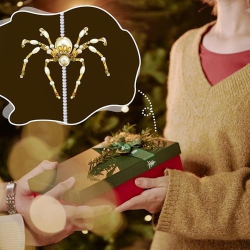 6 Pcs Christmas Crystal Spider Ornaments - Gold Beaded Hanging Decor 6.3 Inch White