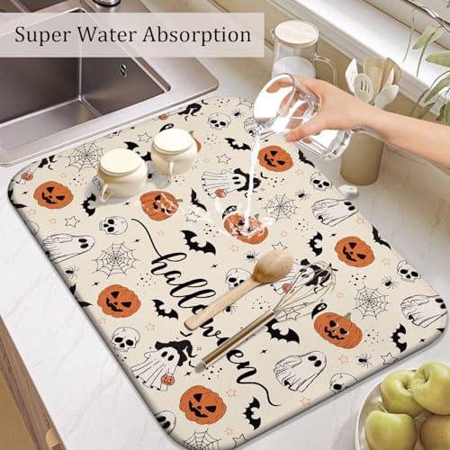 Halloween Dish Drying Mat for Kitchen Counter - Happy Halloween 18x24 Inch Pumpkin Ghost Pattern Microfiber
