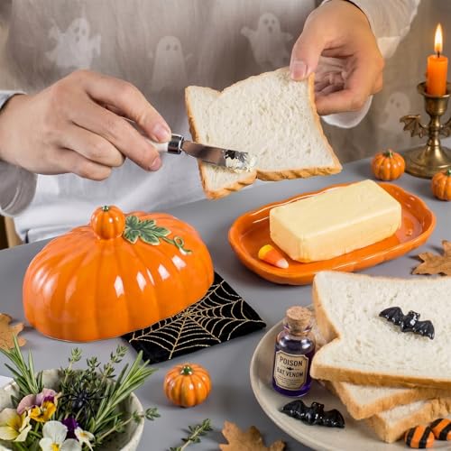 Orange Pumpkin-Shaped Ceramic Butter Dish with Lid - Dust-Proof Food Storage for Halloween & Thanksgiving