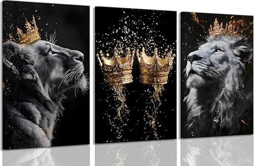 Lion Wall Art Canvas - 12x16 Inch Framed Animal Decor with Golden Crown - Lion Wall Decor
