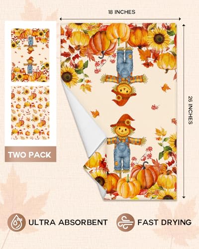 Fall Microfiber Kitchen Towels Set of 2 - Straw Pumpkin Off-White, Harvest Decor