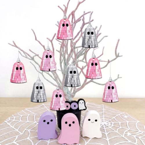 Halloween Disco Ghost Ornaments - Pink Mirror Ghosts for Halloween Party Decor - 12 Pcs