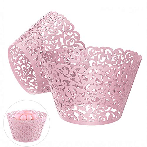 Pearl Lace Filigree Wedding Cupcake Toppers - Pink, 50 pcs
