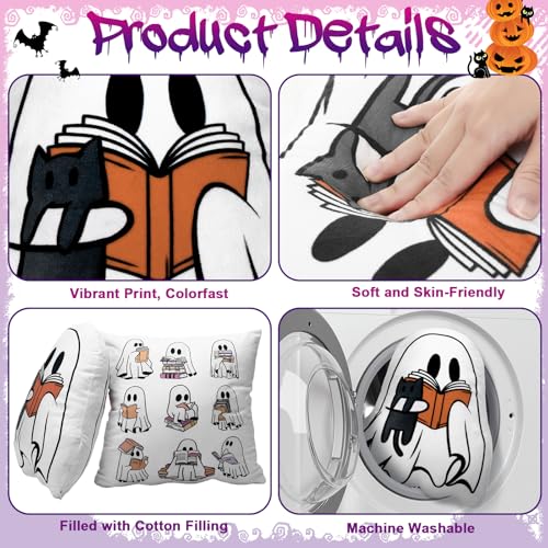 Halloween Ghost Reading Book Throw Pillows Set - Cuddly 15.7-Inch Decor
