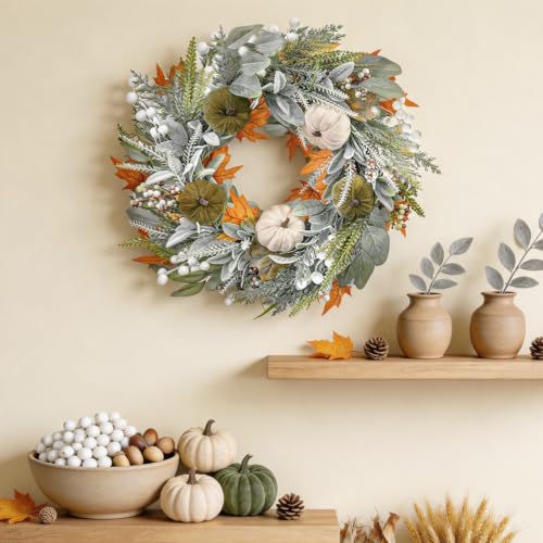 22 Inch Fall Eucalyptus Wreath with Pumpkins Berries and Maple Leaves for Front Door Indoor Outdoor Halloween Thanksgiving Decor