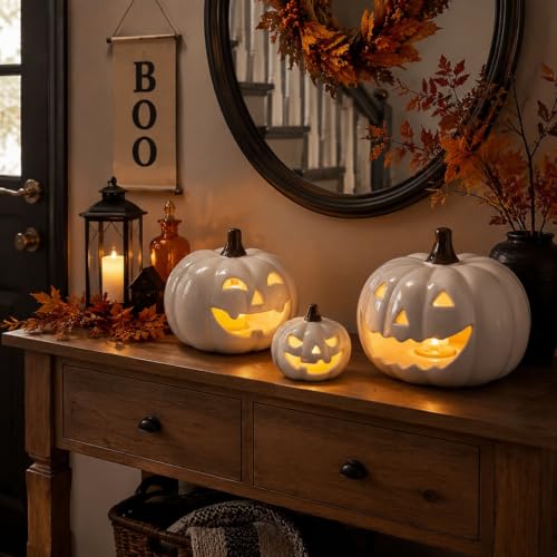 3-Piece Halloween Ceramic Jack O' Lantern Pumpkin Set - White, 3/5/6 Inches, LED Lights