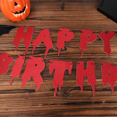 Halloween Happy Birthday Banner - Bloody Style Glitter Bat, Red