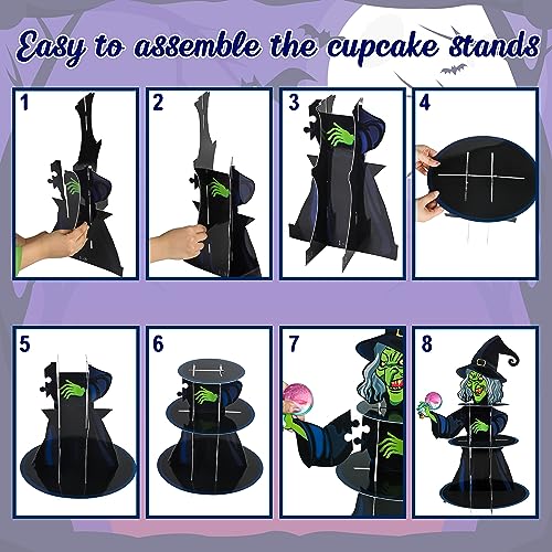 Halloween Cupcake Stand Set with 24 Toppers - 3-Tier Cauldron & Witch Designs