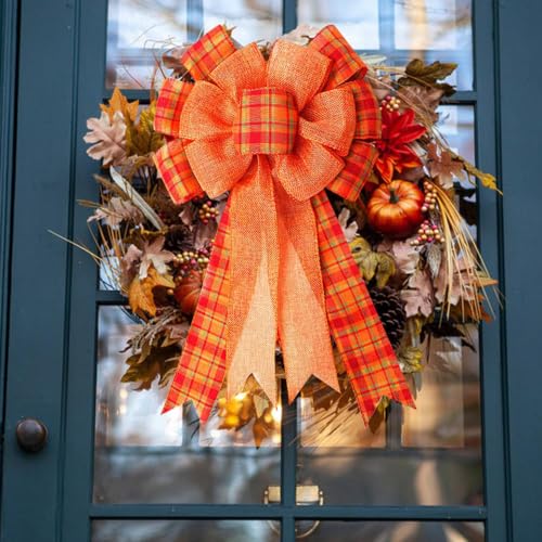 Iceyyyy 6 Pcs Large Thanksgiving Buffalo Plaid Wreath Bows - Fall Orange Decor