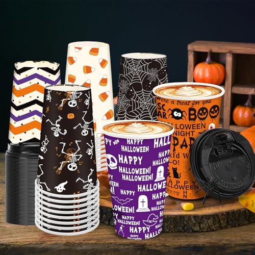 Halloween 16oz Disposable Coffee Cups with Lids - 48 Pack Party Supplies