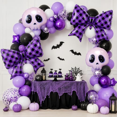 Purple Bow Skull Foil Balloons Party Decorations for Gothic & Halloween Celebrations