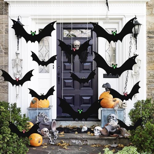 12-Pack Outdoor Halloween Hanging Bat Decorations with Glowing Eyes