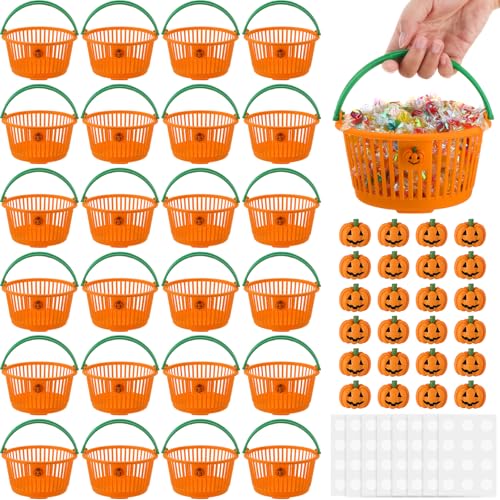 Potchen 24-Pack Halloween Pumpkin Baskets with Stickers & Charms - Trick or Treat Candy Buckets