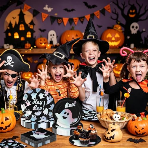 Halloween Paper Plates and Napkins Party Supplies - Dazzling Ghost Design, Serves 60