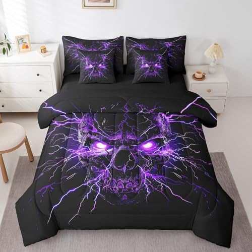 Black Purple Gothic Bed in a Bag Queen Comforter Set 7 Piece Halloween Skeleton Bedding