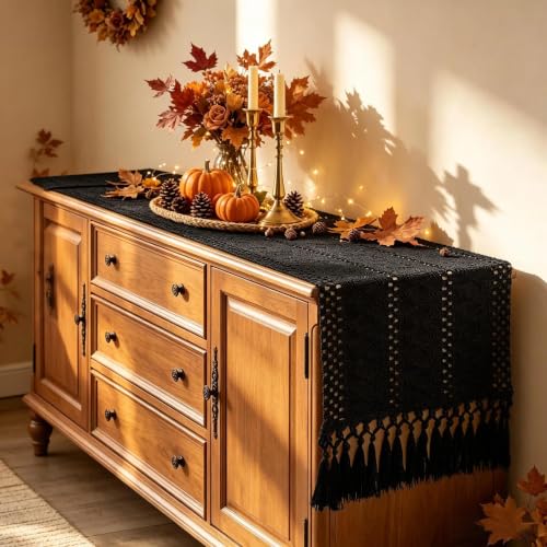 Yuboo 72 Inch Black Gothic Boho Table Runner with Tassels - Fall & Halloween Decor