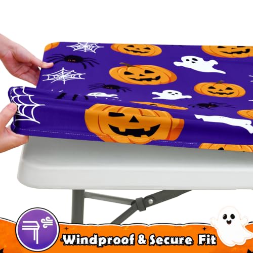 Halloween Fitted Tablecloth for 6 Foot Rectangular Tables - Stretch Spandex, Washable & Reusable - Ghost Pumpkin Design, 72