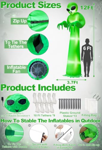 12 Ft Inflatable Halloween Alien Decor with Built-in LEDs Outdoor Yard Prop