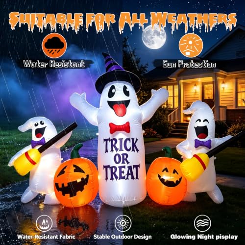 8 Ft Halloween Inflatable Ghosts with Pumpkin Broom LED Light Decor - White