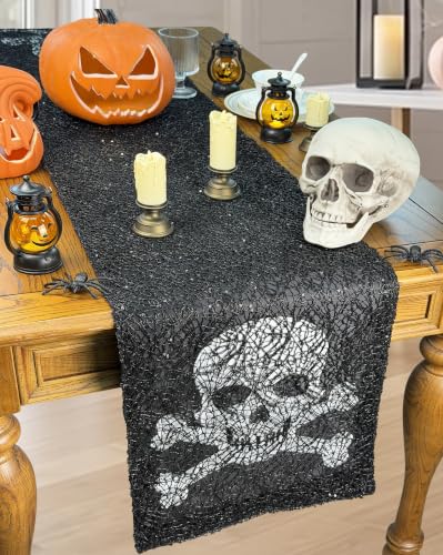 Halloween Skull Table Runner 14x72 Inch Sequin Skeleton Decor for Dining Table