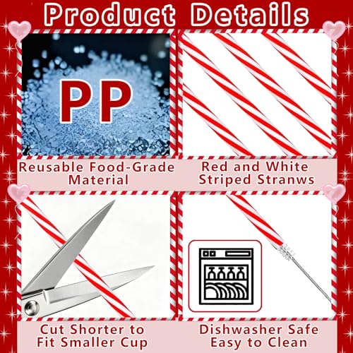 Reusable Candy Cane Straws Set - Red & White Holiday Drinking Straws, 25 Pack