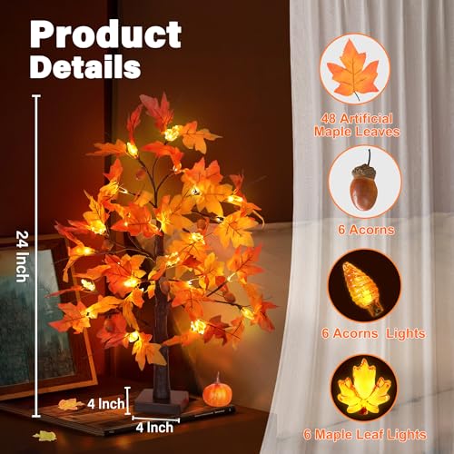 Huyamap 2 Pack 24-Inch Fall Maple Tree Lights with Pumpkin Acorns & Lampshades, Indoor Thanksgiving Decor - Style 2